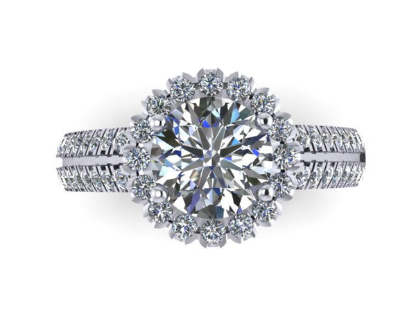 14k Gold Engagement Ring Round 7mm Charles & Colvard Forever Brilliant Moissanite Center Diamond Halo Double Shank Ring Custom - V1138