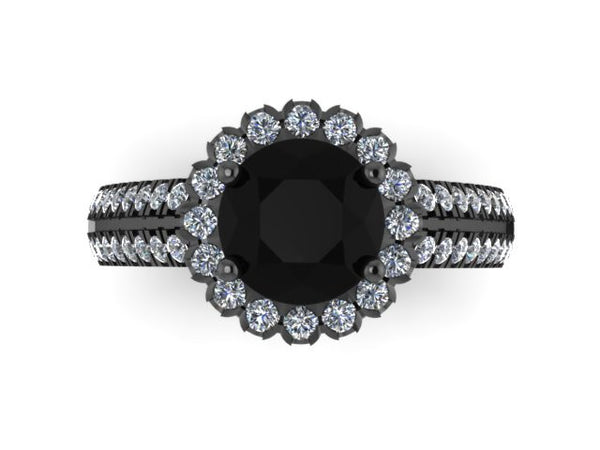 14k Rose Gold Unique Engagement Ring Round 7mm Genuine Black Diamond Center White Diamond Halo Double Shank Ring Custom Jewelry Gifts- V1138