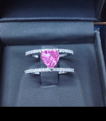 Diamond Ring Diamond Band Heart Sapphire Engagement Fine Jewellery 14K White Gold Band With Pink Heart Sapphire Center Holiday Gift  - V1084