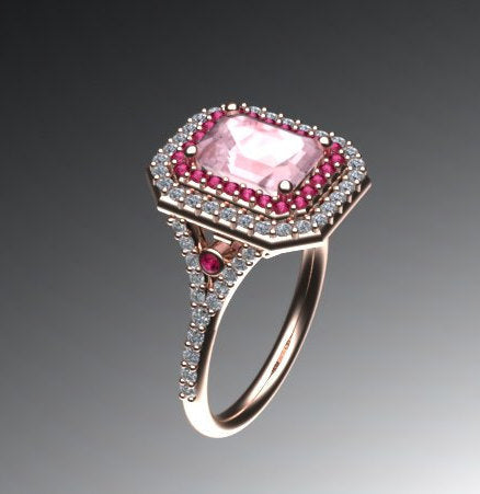 Diamond Double Halo Ring Morganite Engagement 14K Rose Gold with 8x6mm Radiant Cut Peach Morganite Natural Pink Sapphire Etsy Rings - V1061