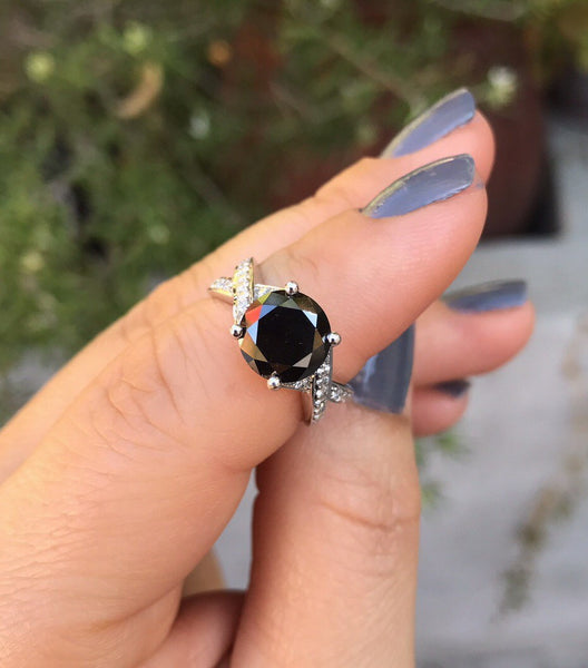 White Gold Engagement Black Diamond Engagement Ring Wedding Ring 14K White Gold with 8mm Round Black Diamond Center Women's Fine Gems- V1106