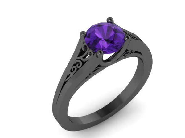 Amethyst Engagement Ring Wedding Ring 14K Black Gold Unique Bridal Ring Filigree Design Fine Jewelry Chrsitmas Gift Edwardian Holiday -V1155
