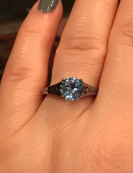 Aquamarine Engagement Ring Wedding Ring 14K Black Gold Unique Bridal Ring Filigree Design Fine Jewelry Chrsitmas April Birthstone - V1155
