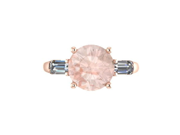 Classic Three-Stone Morganite Engagement Ring 14K Rose Gold with 8mm Round Morganite Center and Two Baguette Moissanite Side-Stones - V1068