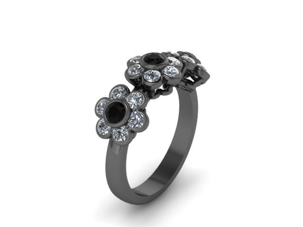 Black and White Diamond Band Flower Design Band 14K Black Gold Flower Ring Etsy Fine Jewelry Natural Black Diamond Ring Unique Bands - V1088