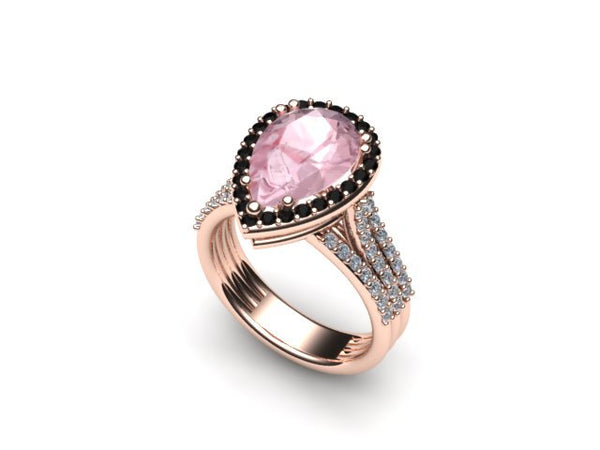 Black and White Diamond Engagement Ring 14K Rose Gold with 10x8mm Pear Shape Morganite Center Unique Engagement Ring Original Gems- V1089