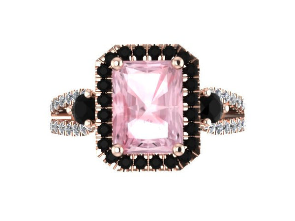 Emerald Cut Pink Morganite Engagement Ring Black Diamond Halo Morganite Ring Stone Custom Engagement Ring 14K Rose Gold Engagement V1091
