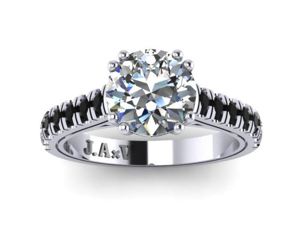 Natural Black Diamond Engagement Ring Wedding Ring Fine Jewelry 14K White Gold Ring with 7mm Round White Sapphire Center Unique Ring- V1029