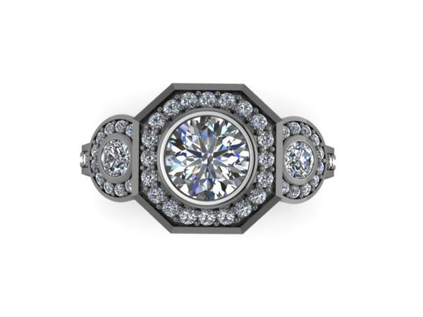 Art Deco Diamond Moissanite Engagement Ring Wedding Three Stone Ring 14K Black Gold Ring With 6mm Forever One Moissanite Center Ring -V1111