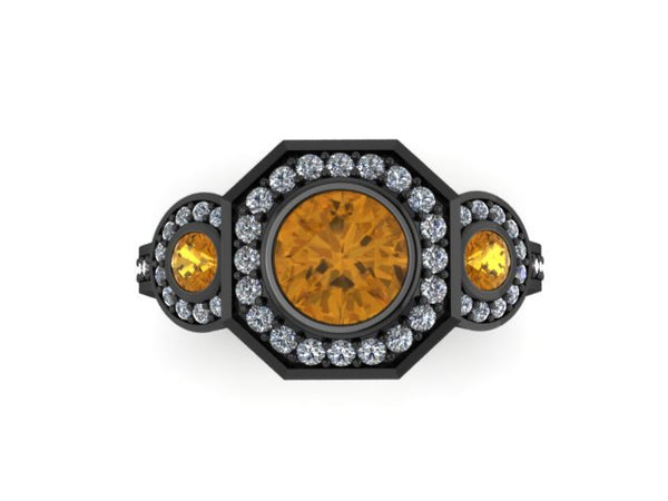 Art Deco 6mm Citrine Center Diamond Engagement Ring Vintage Wedding Three Stone Ring 14K Black Gold Fine Jewelry November Birthstone -V1111