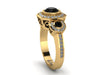 Art Deco Engagement Ring Natural Black Diamond Center White Diamonds Vintage  Three Stone Ring 14K Yellow Gold Fine Jewelry Gemstones -V1111