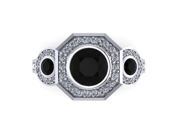 Art Deco Engagement Ring Natural Black Diamond Center White Diamonds Engagement Ring Vintage Three Stone Ring 14K White Gold Jewelry -V1111
