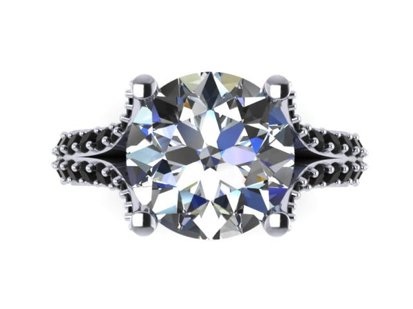 14K White Gold Engagement Ring Split Shank Natural Black Diamond Classic Engagement Ring With 8mm Moissanite Center Celebrity Style - V1117