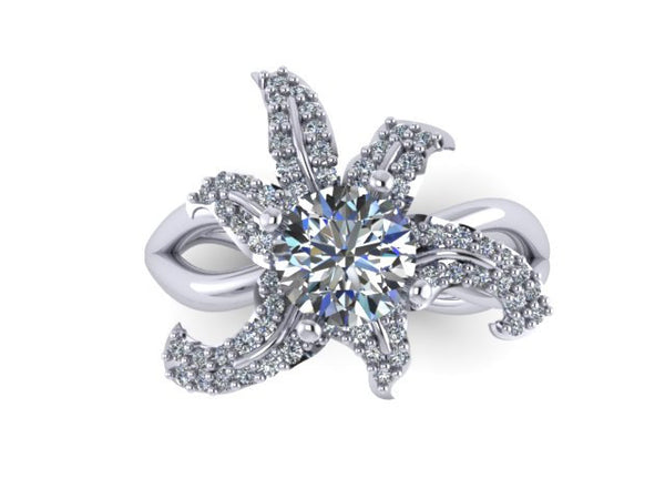 white lily diamonds Flower Lily Diamond Engagement Ring Charles & Colvard Forever One Moissanite Center Unusual 14K White Gold Engagement Ring