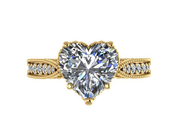Victorian Diamond Engagement Ring Charles & Colvard Forever Brilliant Heart Shape Moissanite Center 14K Yellow Gold Statement Ring - V1126