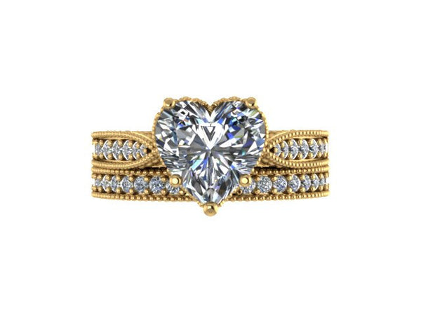 Victorian Diamond Bridal Set Engagement Ring With Matching Band Forever Brilliant Heart Shape Moissanite Ctr 14K Yellow Gold Statement-V1126