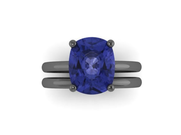 10x8mm Cushion Cut Blue Sapphire Solitaire Bridal Set 14K Black Gold Wedding Ring Marraige Bridal Fine Jewelry Elegant Gemstone Rings-V1132