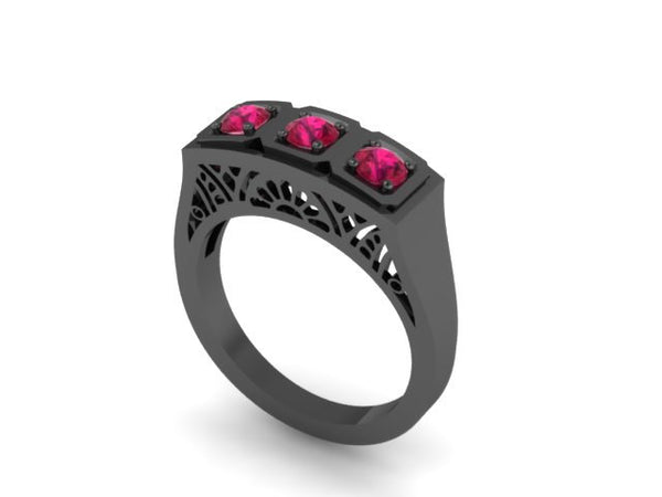 14K Black Gold Edwardian Three-Stone Genuine Ruby Engagment Ring Vintage Wedding Estate Fine Jewelry Antique Ring Anniversary Gift -V1134