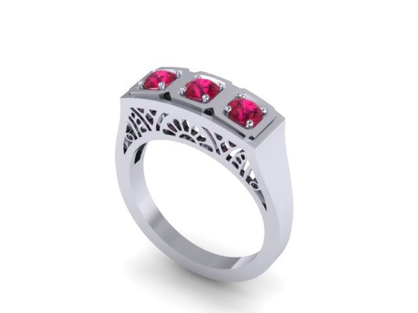14K White Gold Edwardian Three-Stone Genuine Ruby Engagment Ring Vintage Wedding Estate Fine Jewelry Antique Ring Anniversary Gift -V1134