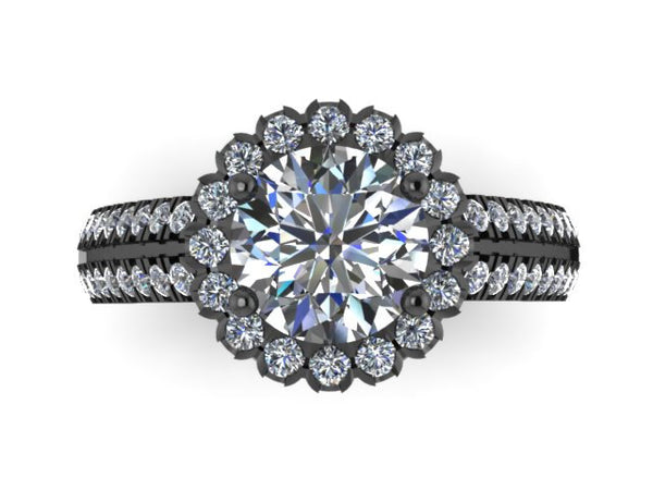 14k Black Gold Engagement Ring Round 7mm Charles & Colvard Forever One Moissanite Center Diamond Halo Double Shank Ring Custom - V1138
