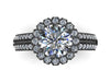 14k Black Gold Engagement Ring Round 7mm Charles & Colvard Forever One Moissanite Center Diamond Halo Double Shank Ring Custom - V1138