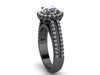 14k Black Gold Engagement Ring Round 7mm Charles & Colvard Forever One Moissanite Center Diamond Halo Double Shank Ring Custom - V1138