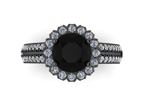14k Black Gold Engagement Ring Round 7mm Genuine Black Diamond Center White Diamond Halo Double Shank Ring Custom Jewelry Gem Gifts - V1138