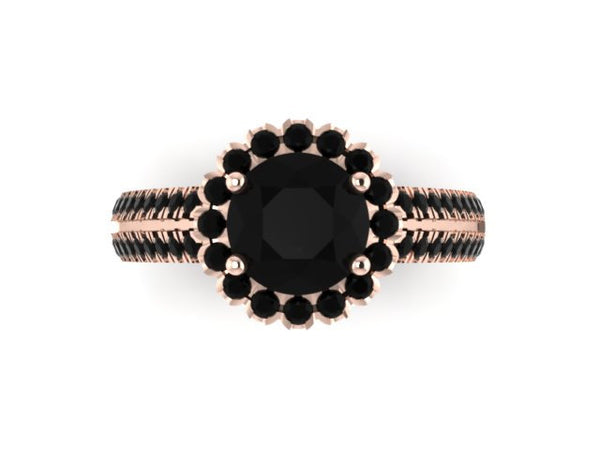 14k Rose Gold Unique Engagement Ring Round 7mm Genuine Black Diamond Center Black Diamond Halo Double Shank Ring Custom Jewelry Gifts- V1138