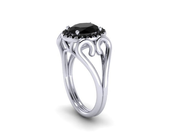White Gold Engagement Ring Oval Black Diamond Ring Unique Engagement Ring Heart Wedding Ring Diamond Holiday Gifts For Her Gemstones - V1137