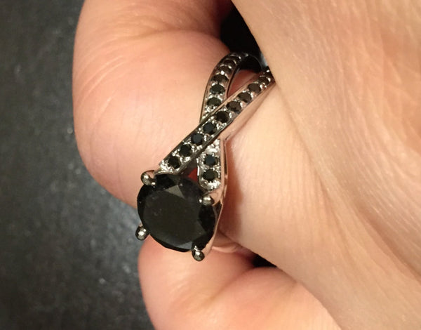White Gold Engagement Black Diamond Engagement Ring Wedding Ring Custom Made Ring 14K White Gold with 8mm Round Black Diamond Center - V1106