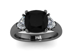 Cushion Cut Natural Black Diamond Engagement Ring w/Two Trillion Cut Moissanite Side-Stones 14k Black, White, Rose, Yellow Gold Wedding Unique Engagement - V1107