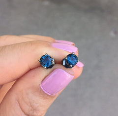 Black Gold Studs Blue Sapphire Stud Earrings 14K Black Gold Earrings with 5mm Round Blue Sapphire Earrings Original Gemstone Jewelry - V1067