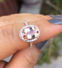 Morganite Engagement Ring Genuine Diamond Wedding Ring Bridal Ring Jewelry Gifts For Her Unique Rings Diamond Halo Women's Jewelry - V1153