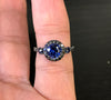 Blue Sapphire Engagement Ring Black Diamond Wedding Ring 14K Black Gold Engagement Ring with 6.5mm Round Blue Sapphire Valentine's - V1023M