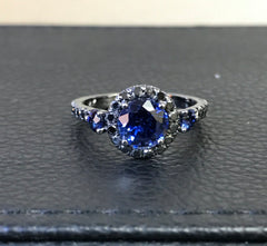 Blue Sapphire Engagement Ring Black Diamond Wedding Ring 14K Black Gold Engagement Ring with 6.5mm Round Blue Sapphire Valentine's - V1023M