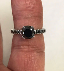 Black Diamond Engagement Ring Weding Ring 14K White Gold Ring with 7mm Round Natural Black Diamond Center Fine Jewelry Anniversary- V1029