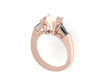 Three-Stone Engagement Ring 14K Rose Gold with 8mm Round Morganite Center and Two Baguette Moissanite Side-Stones Gemstone Rings - V1068