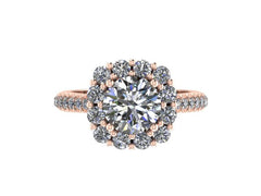 Moissanite Diamond Halo Engagement Ring 14K Rose Gold with 6.5mm Round Forever One Charles & Colvard Moissanite Center Unique Ring - V1071