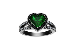 Diamond Engagement Ring Heart Shaped Green Emerald Engagement Ring 14K Black Gold with 8x8mm Green Emerald Center Valentine's Gift - V1083