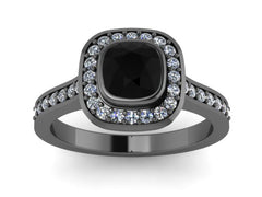 Cushion Cut Black Diamond Engagement Ring Cushion Shape Halo Diamond Wedding 14K Black Gold with 5x5mm Black Diamond Center Unique - V1092