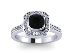 Cushion Cut Natural Black Diamond Engagement Ring Halo Diamond Wedding 14K White Gold Bridal Ring Unique Engagement Rings Fine Jewelry-V1092