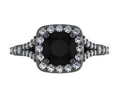 Black Diamond Engagement Ring Gemstone Ring 14K Black Gold Ring Cushion Halo with White Diamonds and 6.5mmt Round Black Diamond Ctr - V1025