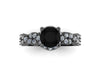 Black Diamond Engagement Ring Wedding RIng 14K Black Gold Anniversary Ring with 6.5mm Round Black Diamond Center Eternity Ring Unique- V1033