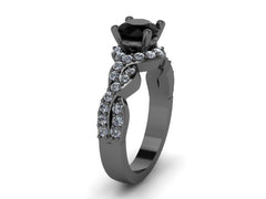 Black Diamond Engagement Ring Wedding RIng 14K Black Gold Anniversary Ring with 6.5mm Round Black Diamond Center Eternity Ring Unique- V1033