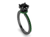 Black Diamond Green Emerald Engagement Ring Flower Engagement 14K Black Gold Wedding Ring with 1.15ct Round Black Diamond Valentines - V1006