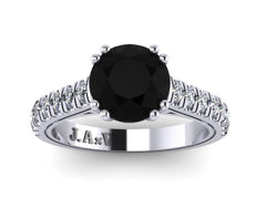 Black Diamond Engagement Ring White Diamond Weding Ring Fine Jewelry 14K White Gold Ring with 7mm Round Natural Black Diamond Center - V1029