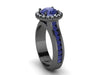 Diamond Halo Blue Sapphire Engagement Ring Gemstone Engagement 14K Black Gold Blue Sapphire Ring with 7mm Round Blue Sapphire Center - V1032