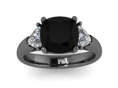 Cushion Cut Natural Black Diamond Engagement Ring w/Two Trillion Cut Moissanite Side-Stones 14k Black Gold Wedding Unique Engagement - V1107