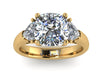 Three-Stone Moissanite Engagement Ring 14K Yellow Gold Forever Brilliant Cushion Cut Moissanite Center and Two Trillion Side-Stones - V1107