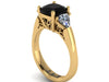 Yellow Gold Engagement Ring With Cushion Cut Natural Black Diamond Center and Two Trillion Cut Moissanite Side-Stones Fine Jewelry - V1107